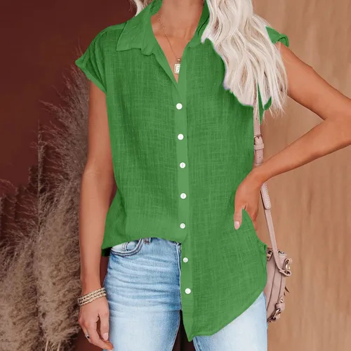 Vista 21 de Ceboyel Camisas para mujer de moda de verano, algodón, lino, manga corta, cuello con botones, blusa casual para mujer 2023