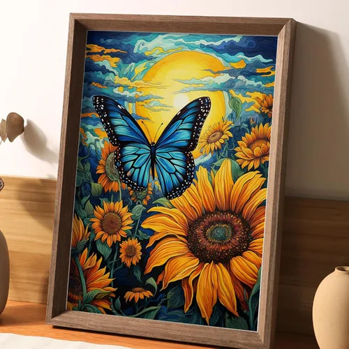 Vista 3 de Maripabon Kit de pintura de diamantes de girasoles 5D para adultos, diseño de mariposas y diamantes redondos, arte de animales, flores, arte
