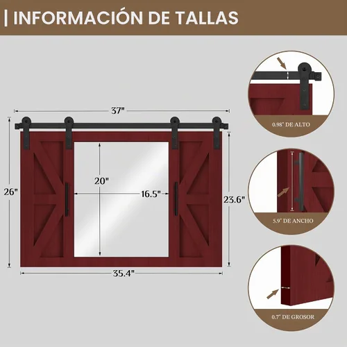 Vista 4 de COGOOD Espejo de puerta de granero de granja, 37 x 26 pulgadas, espejo con marco de madera rústica, decoración de pared para comedor, baño, sala