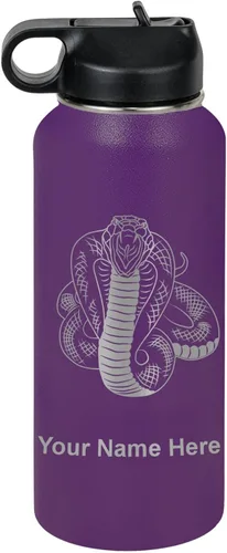 Vista 48 de LaserGram Botella de agua personalizada, serpiente de cobra, acero inoxidable de doble pared aislada al vacío con popote superior, regalo grabado