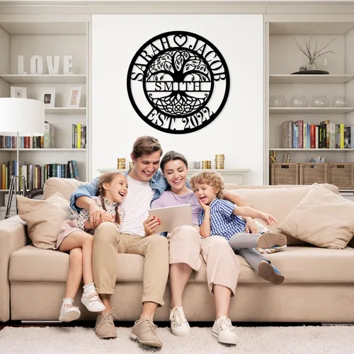 Vista 2 de Letrero de nombre de familia personalizado con monograma, decoración de pared, letreros personalizados de apellido, arte de pared de metal, letrero
