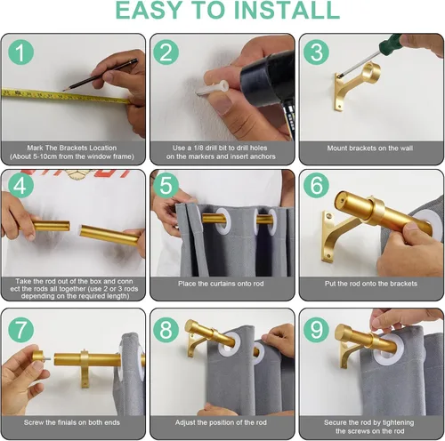 Vista 6 de Barras de cortina doradas para ventanas de 16 a 28 pulgadas, barras de cortina ajustables con tapa de aluminio y soportes envolventes completos