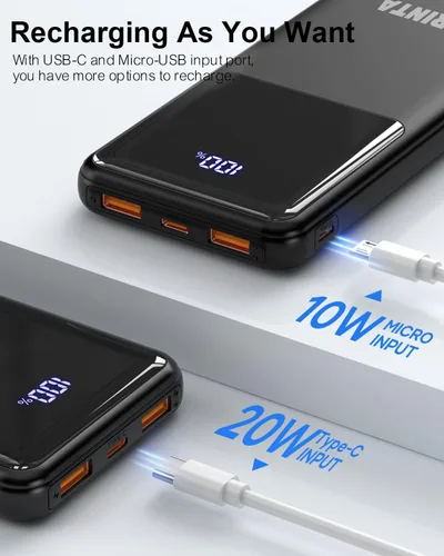 Vista 5 de Cargador portátil Power Bank de 10000 mAh PD 22.5 W, pantalla LED y entrada USB-C, artículos esenciales de viaje, compatible con teléfonos Negro