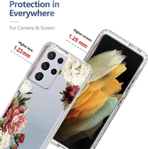 Vista 2 de Funda para Galaxy S21 Ultra 5G SM-G998U con protector de pantalla de vidrio templado, bonito patrón floral transparente, funda protectora de cuerpo