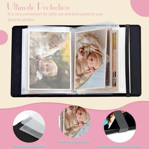 Vista 3 de Álbum de fotos de 4 x 6 pulgadas, capacidad para 60 fotos, cubierta de piel sintética, álbum de fotos con banda elástica fuerte, álbum de fotos