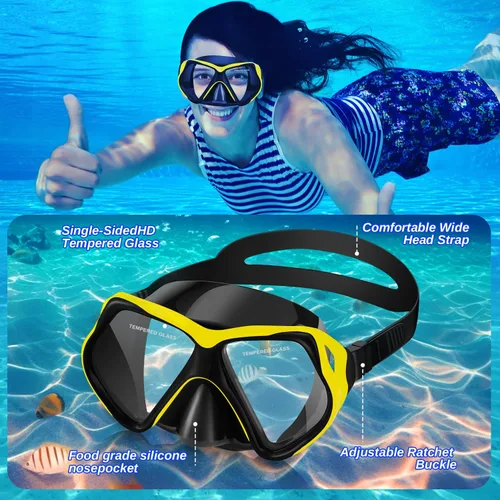 Vista 3 de Equipo de esnórquel para adultos, juego de esnórquel seco con lente de vidrio templado, falda de silicona suave para buceo, esnórquel, natación
