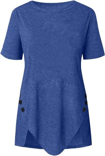 Vista 4 de Camisetas con estampado azteca occidental para mujer, dobladillo irregular, dobladillo irregular, blusas casuales de manga corta con cuello redondo