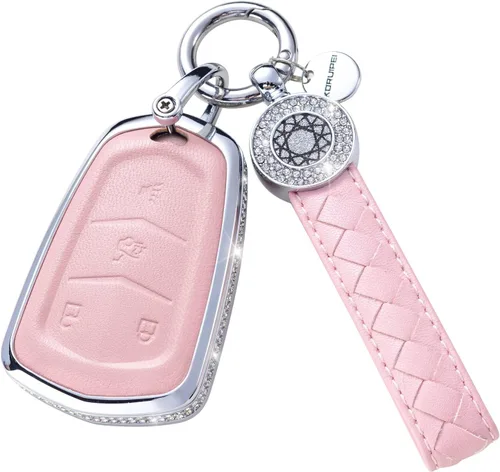 Vista 38 de Funda para llave inteligente con llavero, de piel auténtica color rosa, con cristales, carcasa protectora