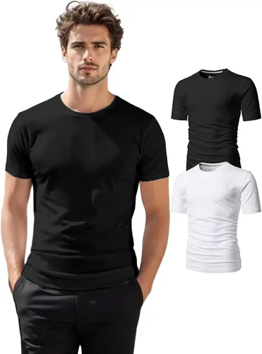 Vista 34 de H2H Camisetas para hombre - Pack de varias unidades, diseño simple, manga corta, ajuste delgado, mezcla de algodón (cuello en V/cuello redondo)