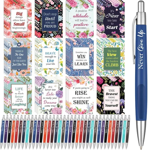 Vista 7 de Yeaqee Juego de 72 Piezas de Bolígrafos Motivacionales y Blocs de Notas, Bolígrafo de Punta de Bola con Citas Inspiradoras, Cuaderno Pequeño, Mini