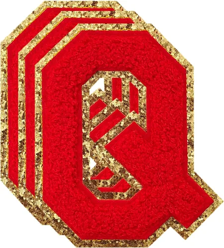 Vista 180 de 3 parches de letras de felpilla roja, parches de letras termo-adhesivas de 4-1/2" con brillantina para ropa, S