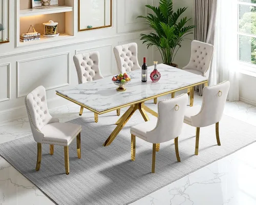 Vista 2 de Juego de mesa de comedor de mármol para 6, mesa de cocina rectangular de mármol blanco de 68 pulgadas con patas en X de acero inoxidable dorado