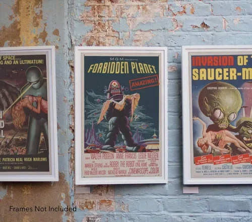 Vista 2 de Conjunto de cinco anuncios de películas de ciencia ficción c. 1950 Póster impreso de arte vintage Planeta prohibido, OVNI invasores de Marte