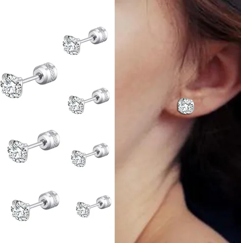 Vista 2 de Aretes de acero de titanio con diseño de circonita fina de acero inoxidable chapados en acero inoxidable para aretes sensibles y simples incrustados