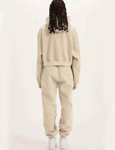 Vista 5 de COZYPOIN Conjunto de 2 piezas de forro polar para mujer, sudadera corta y pantalones con capucha Beige
