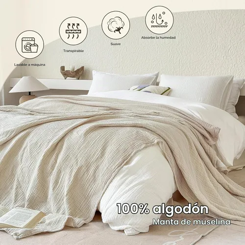 Vista 3 de Simple&Opulence - Manta de muselina 100 % algodón, transpirable ligera de 4 capas, manta suave de algodón para sofá, cama, camping, para todas