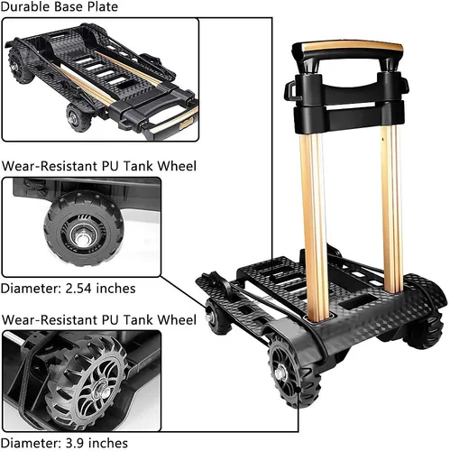 Vista 2 de Carro de mano plegable, portátil, compacto, con 154.3 lbs/155 libras, resistente, 4 ruedas, construcción sólida, mango ajustable para mudanzas
