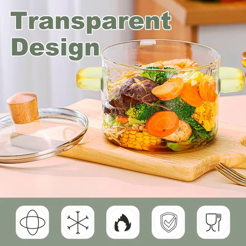 Vista 11 de Olla de cocina de vidrio transparente de 1.5L 2 litros con colador y tapa, resistente a la estufa con tapa, asas antiquemaduras, cacerola de vidrio