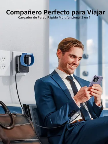 Vista 3 de Bloque de cargador para Apple Watch, cargador de pared 2 en 1 con cable de carga retráctil integrado, adaptador de corriente de enchufe plegable