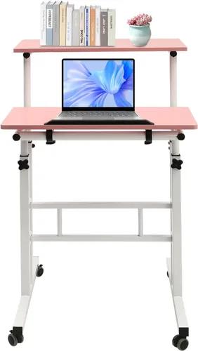 Vista 10 de Escritorio móvil de pie para computadora, estación de trabajo con ruedas universales, altura ajustable, doble panel inclinable, carrito