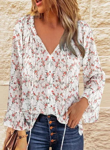 Vista 2 de Happy Sailed Womens Boho Floral Print V Neck Tops Casual Long Sleeve Drawstring Blouses ShirtsS-XXL