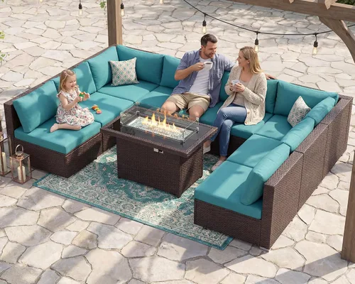 Vista 23 de NICESOUL Juego de muebles de patio de ratán extra grande con mesa para fogata de gas y propano, 29.3 pulgadas, respaldo alto, cómodos conversaciones