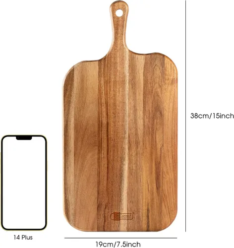 Vista 2 de Tabla de servir, tabla de cortar de madera de acacia con asa, tabla de quesos de madera, tabla de charcutería, tabla de madera para alimentos, pan