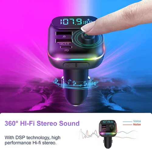 Vista 4 de Transmisor FM Bluetooth mejorado con robot VR para coche, adaptador inalámbrico Bluetooth 5.0 FM para coche con puertos USB duales, compatible