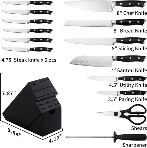 Vista 3 de Alata Juego de cuchillos de 15 piezas con bloque negro, afilado, juego de cuchillos de cocina, juego de cuchillos de acero inoxidable forjado