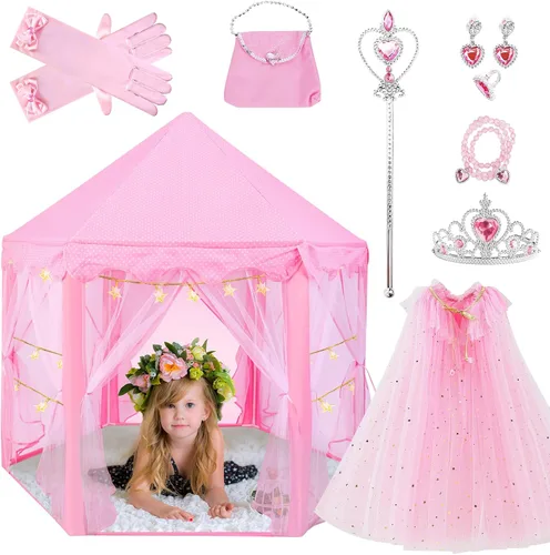 Vista 8 de Tienda de campaña de princesa con luces LED de estrellas, tienda de campaña para niñas, casa de juegos grande para niñas, regalos de juguete