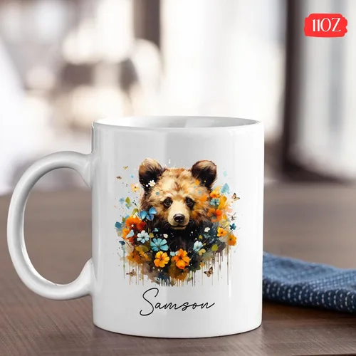 Vista 4 de Taza de café de oso – Regalo personalizado para amantes, taza de té de animales salvajes con flores, regalo de cerámica personalizado para amantes