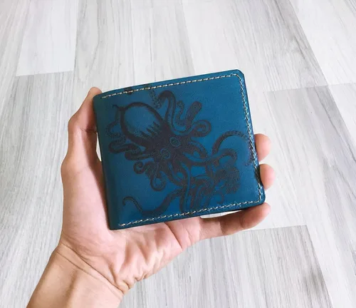 Vista 4 de Personalized Octopus Ocean leather handmade mens wallet bifold minimalist slim front pcoket engraved anniversary gifts