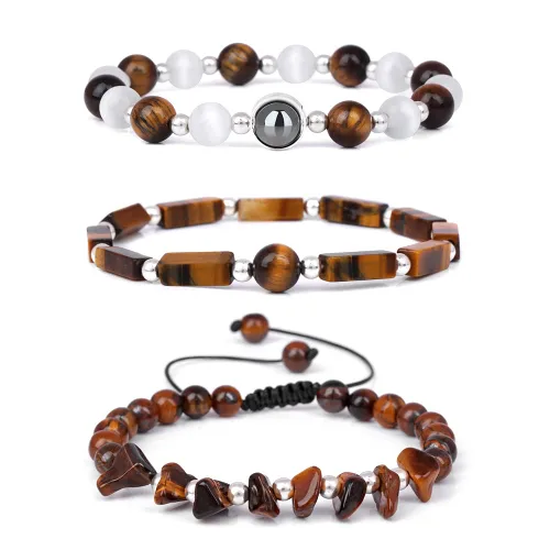 Vista 3 de Juego de pulseras con cuentas de ojo de tigre, hematita de piedra lunar, pulseras adelgazantes para mujeres y hombres, joyería de amatista, 7.5 in