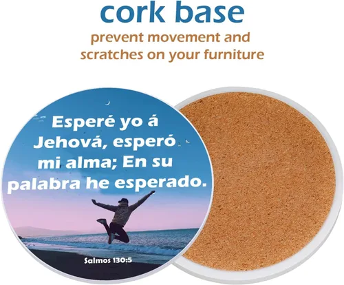 Vista 2 de Portavasos bíblicos españoles – Juego de 6 posavasos de cerámica inspiradores con versículos de la Biblia, respaldo de corcho y soporte, protege tu