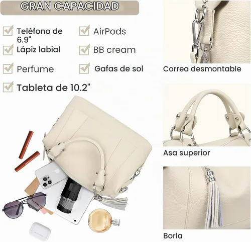 Vista 6 de Heshe Bolsos de hombro de cuero genuino para mujer, bolsos satchel, bolsos bandolera de cuero real para damas Beige