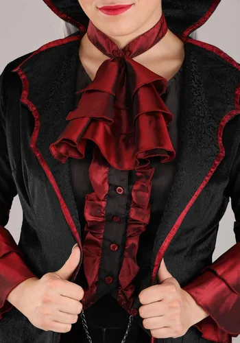 Vista 5 de Exquisito vestido de disfraz de vampiro para mujer, traje de vampiro gótico moderno para adultos, chaleco y cuello medieval, Negro, Rojo, XL