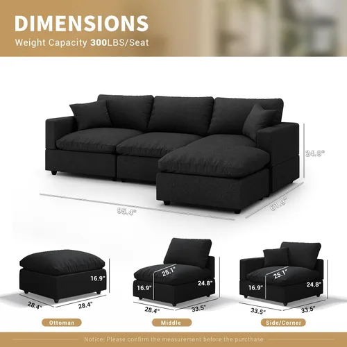 Vista 2 de Sofá seccional moderno de lino en forma de L para sala de estar, sofás modulares con relleno de plumón, fundas de cojín de sofá desmontables, sofá