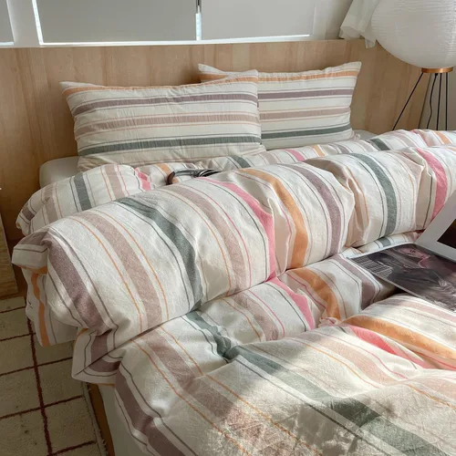 Vista 39 de HighBuy Juego de funda de edredón vintage con volantes y estampado de rayas francesas, 100% algodón con cierre de cremallera, juego de ropa de cama