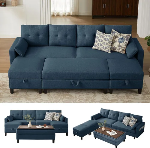 Vista 10 de Sofá en forma de L de 102 pulgadas, sofá con mesa auxiliar otomana, sofá moderno de 4 asientos con funda extraíble para apartamento y sala de estar