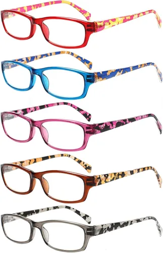 Vista 9 de Kerecsen Gafas de lectura, 5 pares de lentes de lectura de moda para mujer, bisagra de resorte con patrón impreso para mujer (5 marrones, 0.5, x)