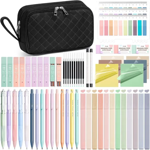 Vista 12 de 62 piezas de suministros escolares estéticos con lindo estuche de lápices, resaltadores en colores pastel, bolígrafos de gel de tinta negra, lápices