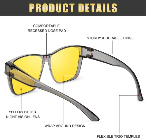 Vista 5 de Peekaco Gafas de sol que se ajustan sobre gafas para hombres y mujeres, lentes de sol polarizados cuadrados ligeros para usar sobre anteojos