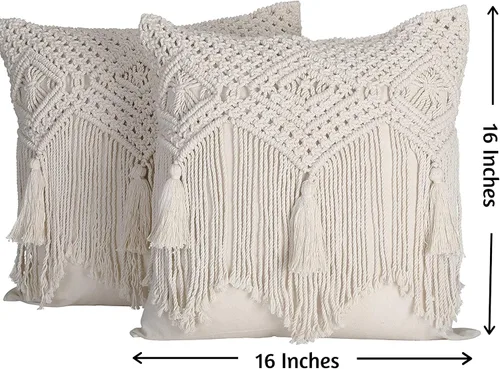 Vista 3 de Folkulture Juego de 2 fundas de almohada bohemias para decoración del hogar, 16 x 16 pulgadas, fundas de almohada de macramé modernas con borlas