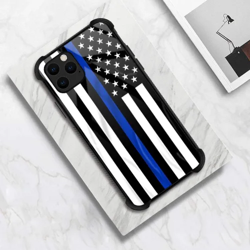 Vista 6 de ZHEGAILIAN Funda compatible con iPhone 12 Pro Max, funda de bandera estadounidense de línea azul, parte trasera de vidrio templado + funda Blue Line