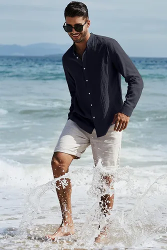 Vista 9 de JMIERR Camisas de algodón y lino para hombre, de verano, casual, de manga larga, cuello con botones, camisa de playa