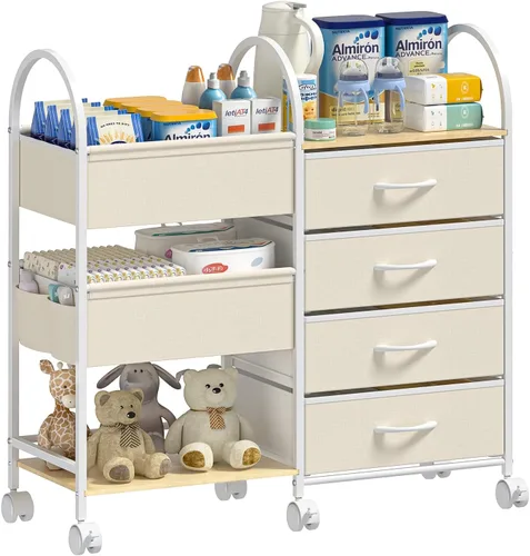 Vista 8 de Carrito organizador de pañales para bebés con ruedas, carrito de pañales rodante de 4 niveles con separadores y cajones, almacenamiento de guardería