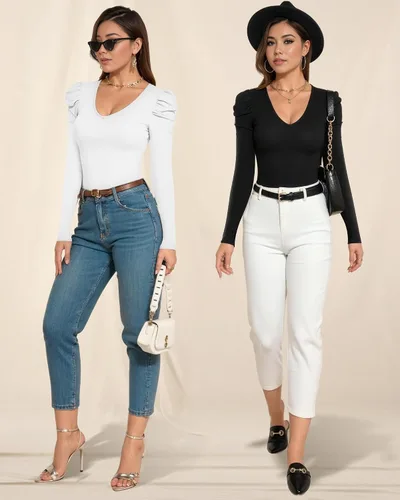 Vista 4 de MANGOPOP Body de manga abombada para mujer, cuello en V, manga larga, elegante, casual