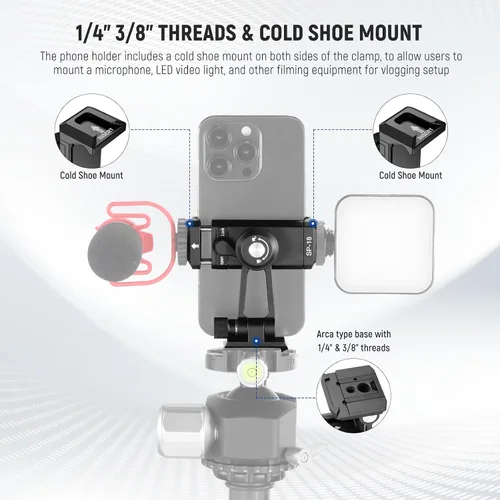 Vista 2 de Adaptador de montaje de trípode para teléfono Neewer con base tipo Arca QR, zapata fría, agujeros de 1/4" y 3/8", giro de 360° y inclinación