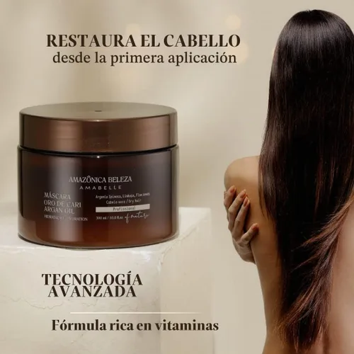 Vista 4 de AMAZONICA BELEZA Oro de Cari - Mascarilla para el cabello, hidratación intensiva para cabello seco con aceite de argán y vitamina E, línea