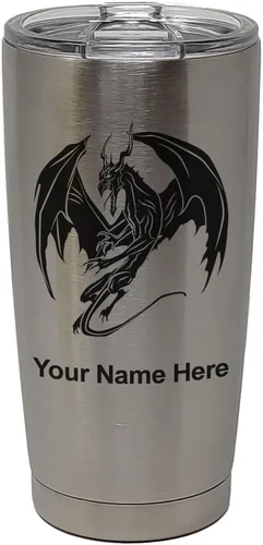 Vista 30 de LaserGram Vaso aislado al vacío de 20 onzas, dragón, grabado personalizado incluido (negro)